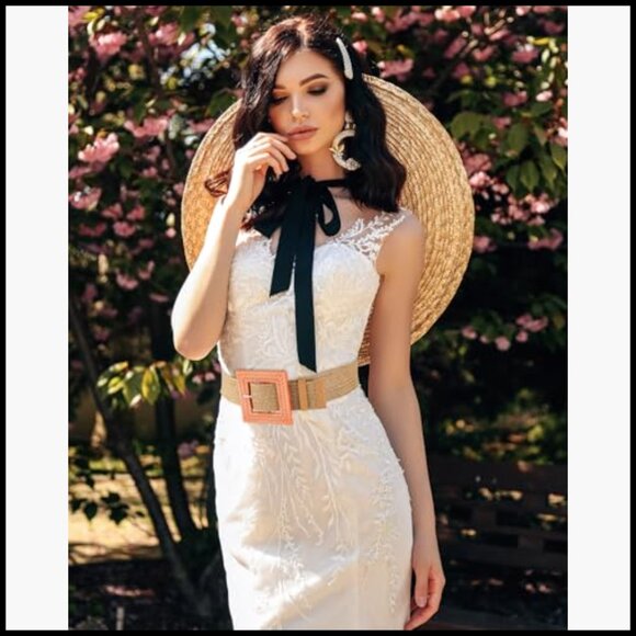 Straw Woven Elastic Stretch Raffia Belt Rattan Buckle Boho main image 4